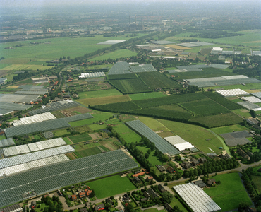 805874 Luchtfoto van het tuinbouwgebied met kassen aan de Alendorperweg (onder) te Vleuten (gemeente Vleuten-De ...